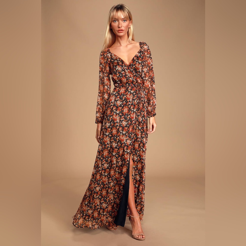 NWT Lulu’s True to Love Black & Red Floral Print Chiffon Wrap Maxi Dress - Med